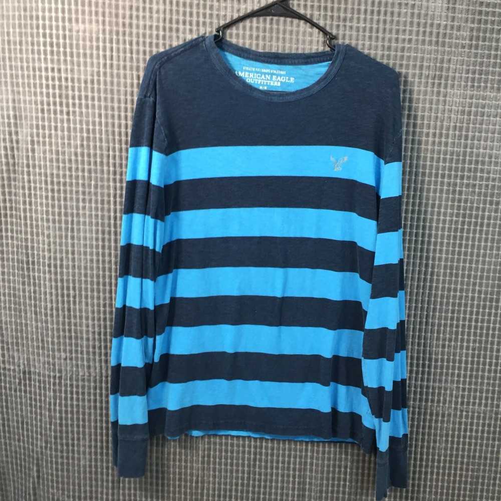 American Eagle Mens Long Sleeve Striped T-Shirt Blue Vintage Athletic Fit Medium